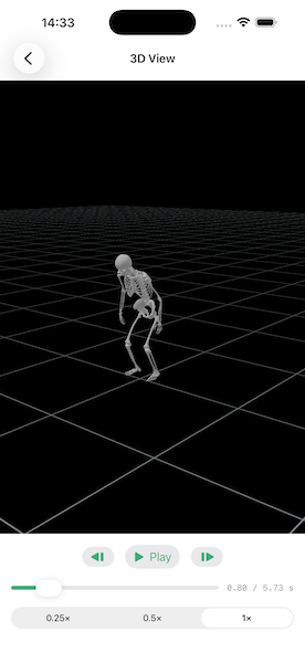 3D View screen in the iOS demo app, showing a reconstruction of a subject performing an activity, with playback controls