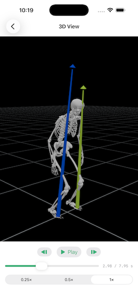 3D View in the iOS demo app, showing blue and green ground reaction force vectors overlaid on the skeleton